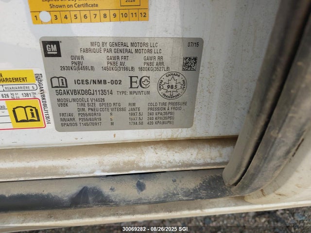 Buick llt - sidi, alum, 60 degrees 2016 5GAKVBKD8GJ113514 Image 9