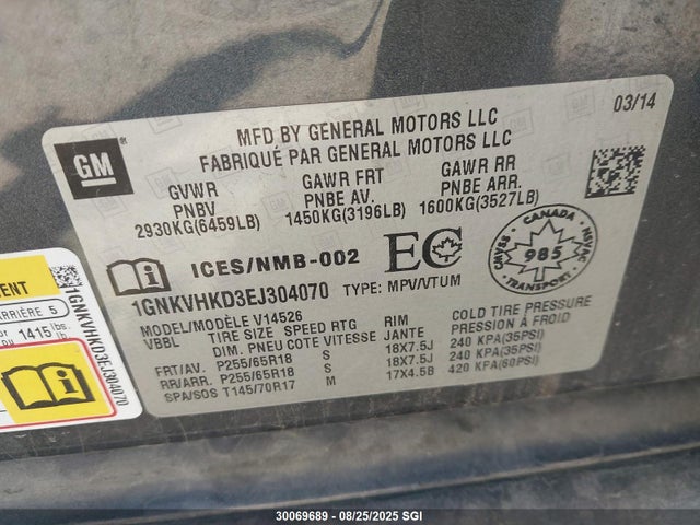 Chevrolet llt 2014 1GNKVHKD3EJ304070 Image 9