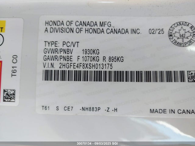 30070134 :رقم المزاد ، 2HGFE4F8XSH013175 vin ، 2025 Honda Civic Sport/sport Touring مزاد بيع