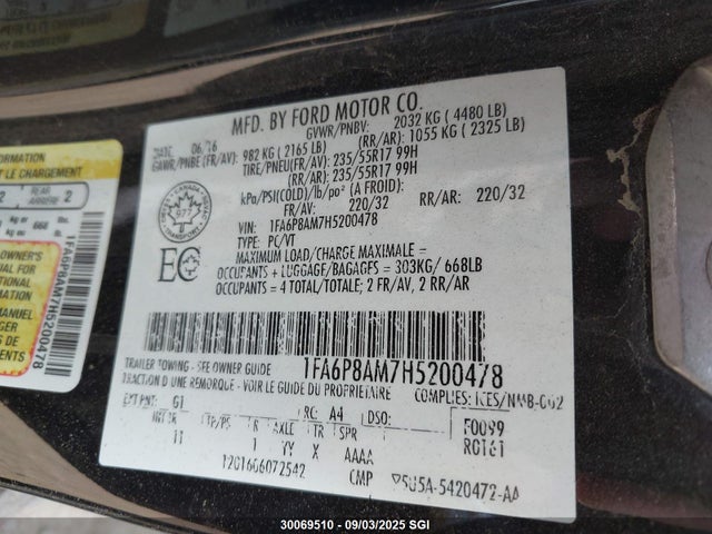 Ford 3.7l 4v 2017 1FA6P8AM7H5200478 Image 9