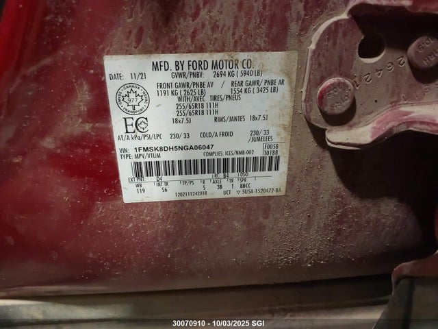 Ford ecoboost 2022 1FMSK8DH5NGA06047 Image 9
