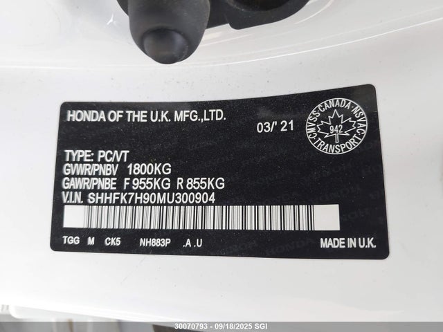 SHHFK7H90MU300904 Honda l15ba
