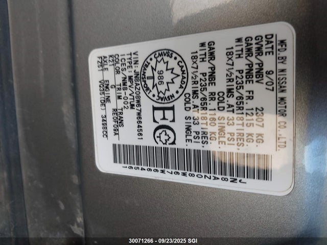 Auction sale of the 2007 Nissan Murano Sl/se/s, vin: JN8AZ08W67W664561, lot number: 30071266
