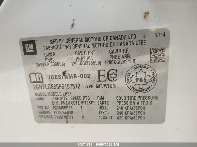 Chevrolet lfx - sidi, vvt, e85 max, alum 2015 2GNFLGE35F6197512 Image 9