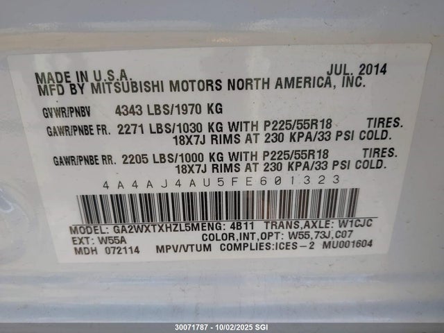 Mitsubishi dohc mivec 2015 4A4AJ4AU5FE601323 Image 9
