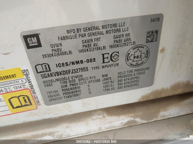 Buick llt 2015 5GAKVBKD6FJ327853 Image 9