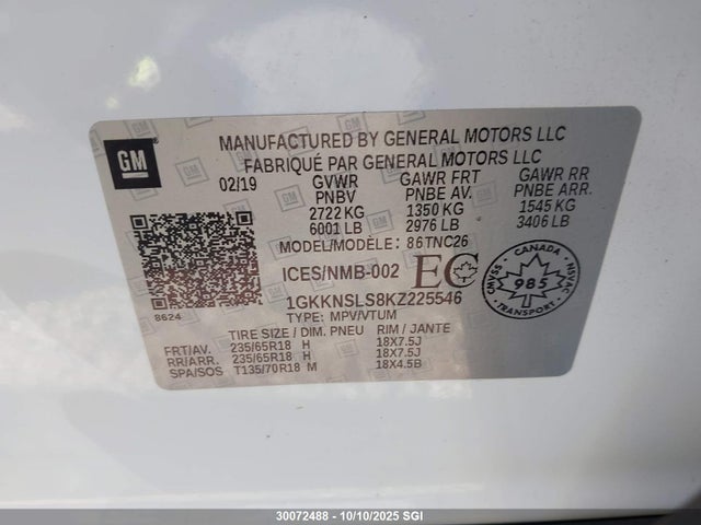1GKKNSLS8KZ225546 GMC lgx - direct injection, variable valve timing, alum, gen 2