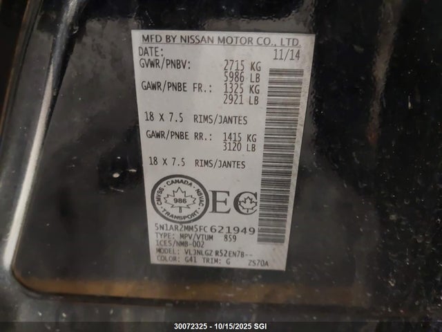Nissan Pathfinder 2015 5N1AR2MM5FC621949 Image 9