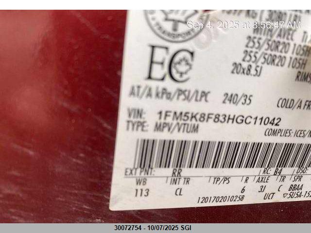 1FM5K8F83HGC11042 Ford 3.5l ti-vct
