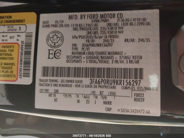 Ford Fusion Titanium 2019 3FA6P0RU9KR156297 Image 9
