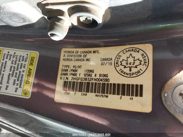 30073703 :رقم المزاد ، 2HGFG3B52FH004590 vin ، 2015 Honda Civic Lx مزاد بيع