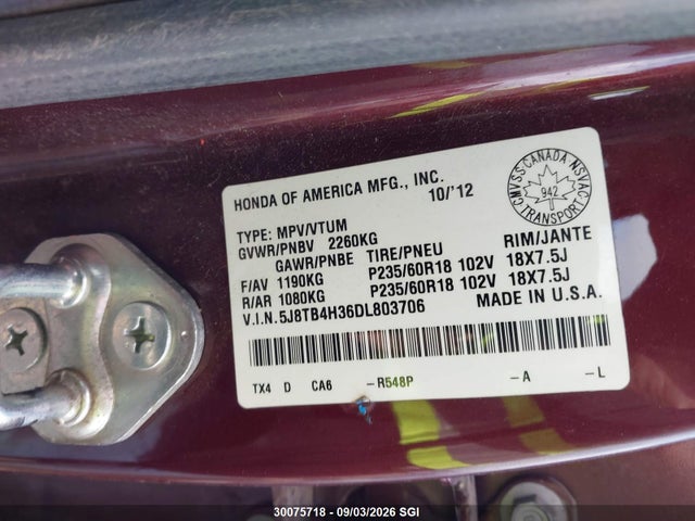 30075718 :رقم المزاد ، 5J8TB4H36DL803706 vin ، 2013 Acura Rdx مزاد بيع