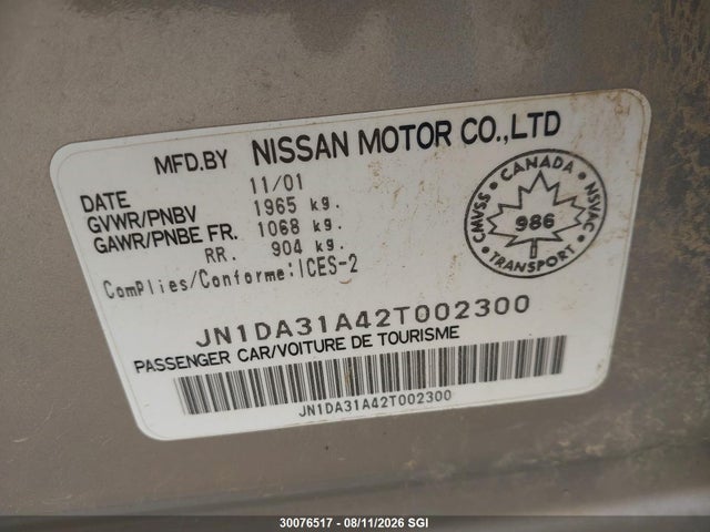 Auction sale of the 2002 Nissan Maxima Gle/se, vin: JN1DA31A42T002300, lot number: 30076517