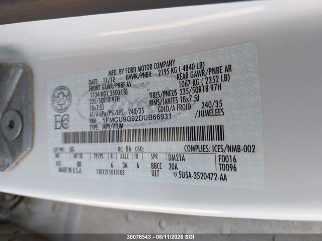 30076543 :رقم المزاد ، 1FMCU9G92DUB66931 vin ، 2013 Ford Escape Se مزاد بيع