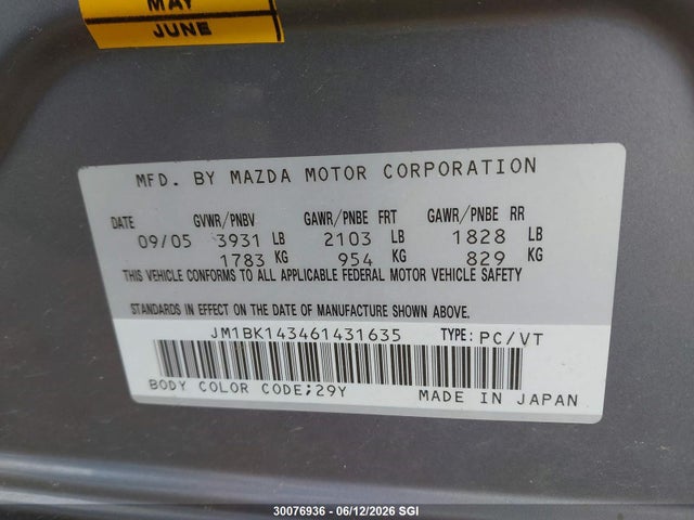 Aukcja sprzedaży 2006 Mazda 3 Hatchback, vin: JM1BK143461431635, numer aukcji: 30076936
