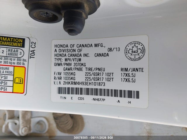 Продаж на аукціоні авто 2014 Honda Cr-v Touring, vin: 2HKRM4H93EH101873, номер лоту: 30078505