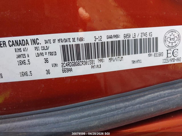 Продажа на аукционе авто 2012 Dodge Grand Caravan Se, vin: 2C4RDGBG6CR301591, номер лота: 30079599
