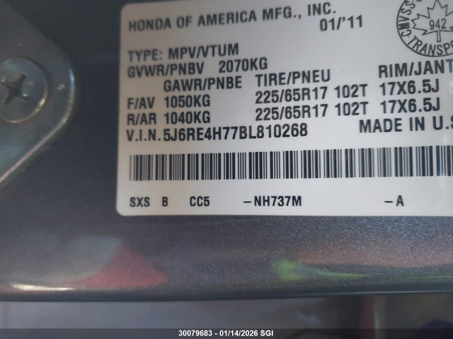 Aukcja sprzedaży 2011 Honda Cr-v Exl, vin: 5J6RE4H77BL810268, numer aukcji: 30079683