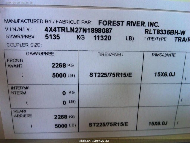 Продажа на аукционе авто 2022 Forest River Inc. Signature Rockwood, vin: 4X4TRLN27N1898087, номер лота: 30080602