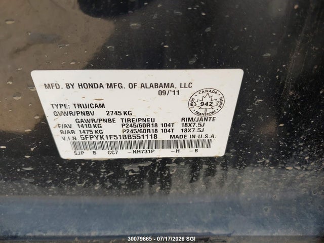 Продаж на аукціоні авто 2011 Honda Ridgeline Rtl, vin: 5FPYK1F51BB551118, номер лоту: 30079665