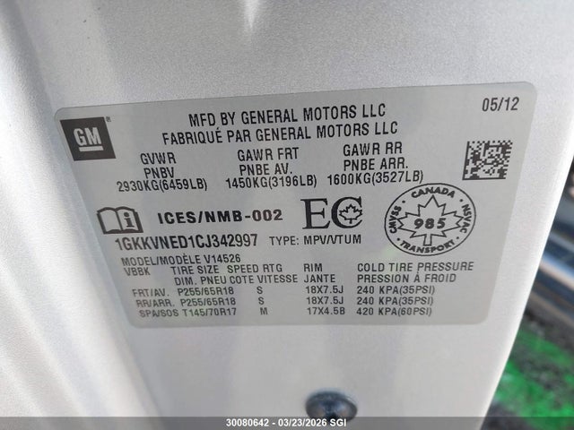 Продаж на аукціоні авто 2012 Gmc Acadia Sle, vin: 1GKKVNED1CJ342997, номер лоту: 30080642