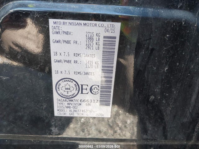 Aukcja sprzedaży 2015 Nissan Pathfinder S/sv/sl/platinum, vin: 5N1AR2MM7FC666312, numer aukcji: 30080662