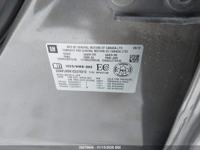 Aukcja sprzedaży 2012 Chevrolet Equinox Lt, vin: 2GNFLNEK1C6378212, numer aukcji: 30079606