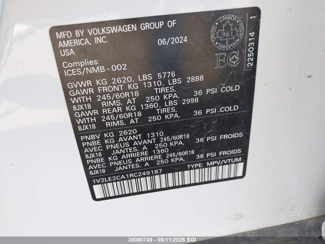 30080749 :رقم المزاد ، 1V2LE2CA1RC249187 vin ، 2024 Volkswagen Atlas Cross Sport Se مزاد بيع