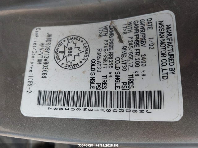 Aukcja sprzedaży 2003 Nissan Pathfinder Le/se, vin: JN8DR09Y13W803664, numer aukcji: 30070928