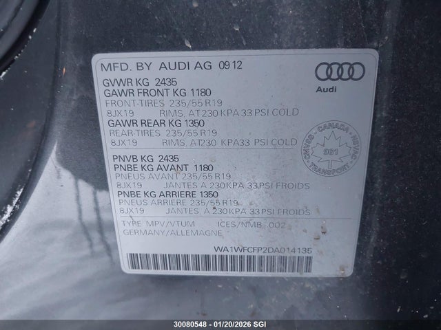 Продажа на аукционе авто 2013 Audi Q5 Prestige, vin: WA1WFCFP2DA014135, номер лота: 30080548