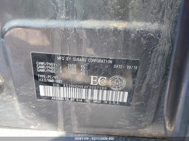 4S3BNDN64K3007288 Subaru Legacy 2.5i Limited
