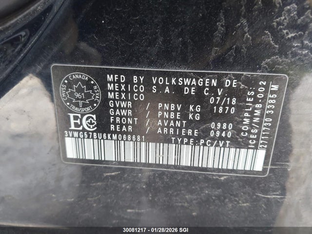 3VWG57BU6KM068681 Volkswagen Jetta Sel Premium