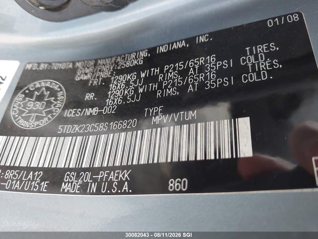 Продажа на аукционе авто 2008 Toyota Sienna Ce/le, vin: 5TDZK23C58S166820, номер лота: 30082043
