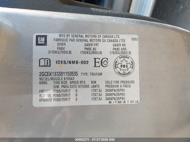 Aukcja sprzedaży 2008 Chevrolet Silverado K1500, vin: 2GCEK133381150535, numer aukcji: 30082275