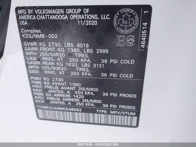 1V2BR2CA0MC548582 Volkswagen ATLAS SEL