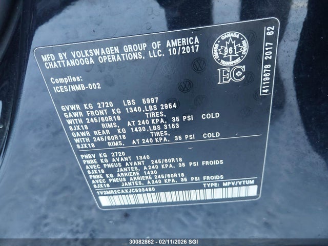 Volkswagen ATLAS SEL 2018 1V2MR2CAXJC533480 Image 9