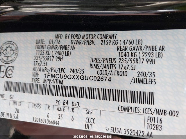 30082926 :رقم المزاد ، 1FMCU9GXXGUC02674 vin ، 2016 Ford Escape Se مزاد بيع