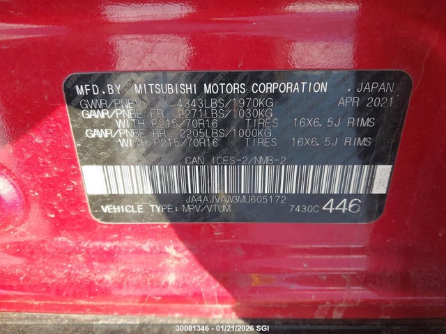 JA4AJVAW3MU605172 Mitsubishi Rvr Se/sel/le/gt