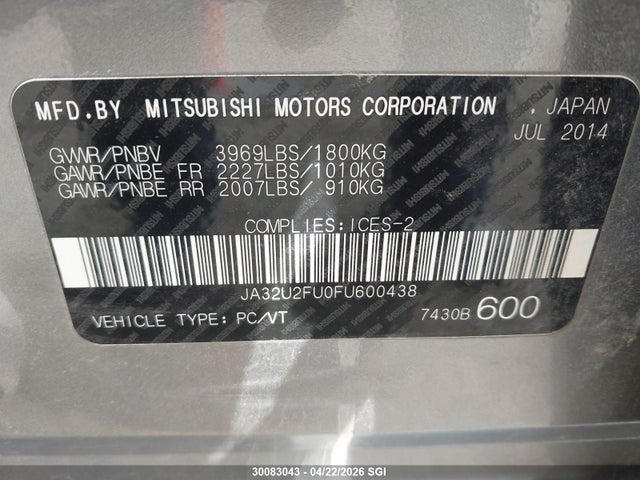 Aukcja sprzedaży 2015 Mitsubishi Lancer Es, vin: JA32U2FU0FU600438, numer aukcji: 30083043