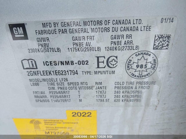 Aukcja sprzedaży 2014 Chevrolet Equinox Ls, vin: 2GNFLEEK1E6231794, numer aukcji: 30083066