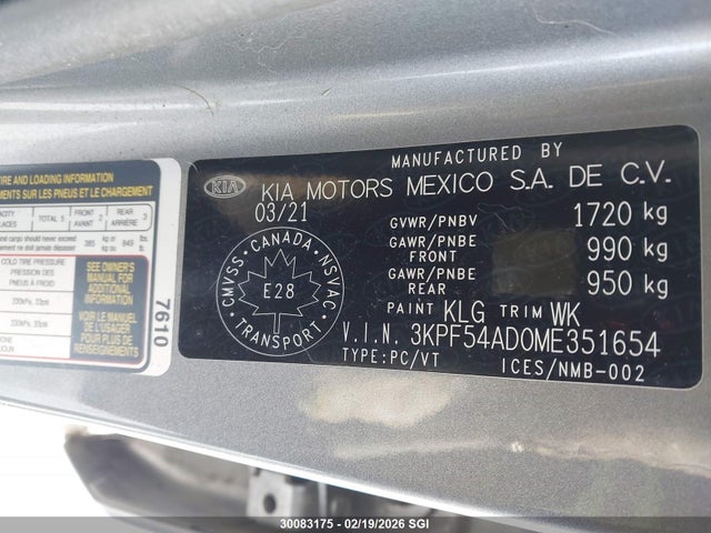 2021 Kia Forte Ex მანქანა იყიდება აუქციონზე, vin: 3KPF54AD0ME351654, აუქციონის ნომერი: 30083175