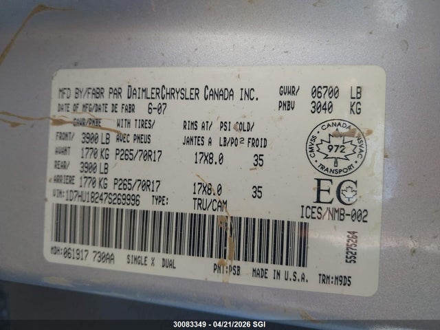30083349 :رقم المزاد ، 1D7HU18247S269996 vin ، 2007 Dodge Ram 1500 St/slt مزاد بيع