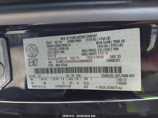 Продажа на аукционе авто 2018 Ford Escape Se, vin: 1FMCU9GD9JUB89431, номер лота: 30081919