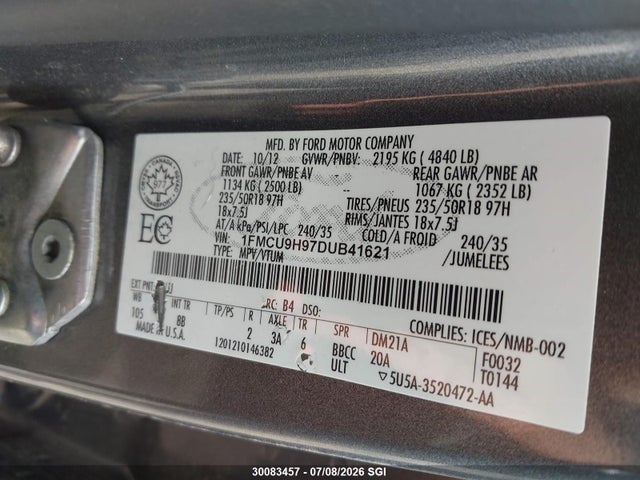 30083457 :رقم المزاد ، 1FMCU9H97DUB41621 vin ، 2013 Ford Escape Sel مزاد بيع