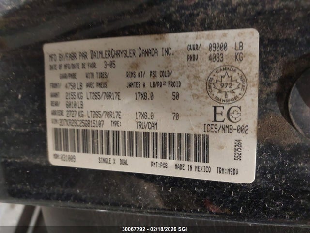 30067792 :رقم المزاد ، 3D7KR28C25G815107 vin ، 2005 Dodge Ram 2500 St/slt مزاد بيع
