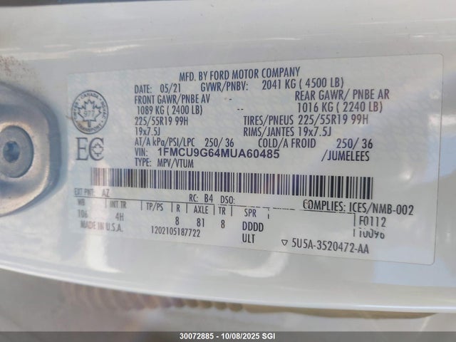 1FMCU9G64MUA60485 Ford ESCAPE SE