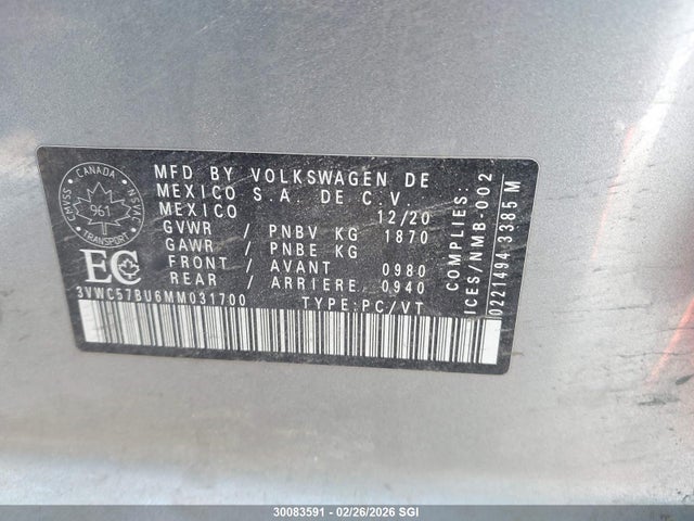 3VWC57BU6MM031700 Volkswagen Jetta S/se/r-line