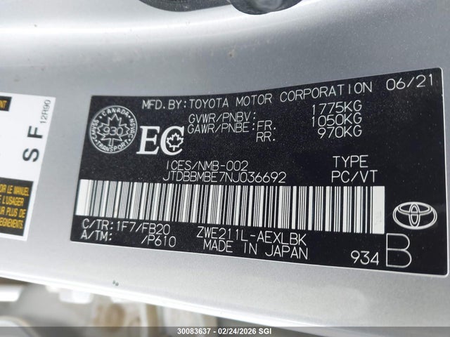 30083637 :رقم المزاد ، JTDBBMBE7NJ036692 vin ، 2022 Toyota Corolla مزاد بيع