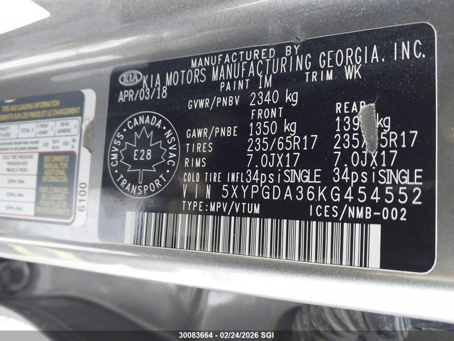 5XYPGDA36KG454552 KIA Sorento L/lx