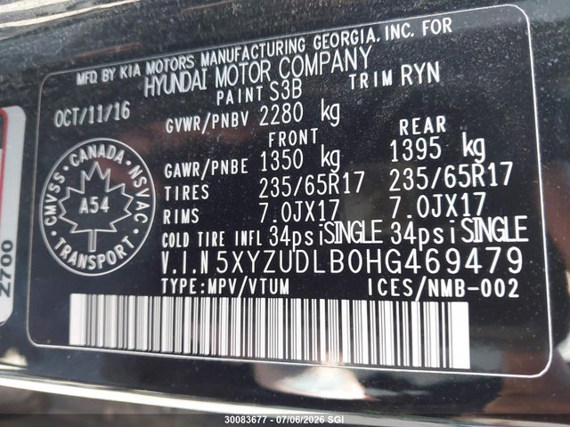 30083677 :رقم المزاد ، 5XYZUDLB0HG469479 vin ، 2017 Hyundai Santa Fe Sport مزاد بيع